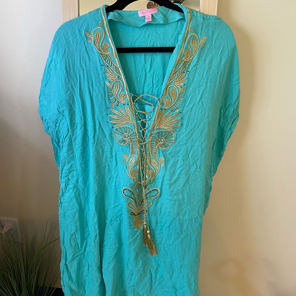 Lilly Pulitzer Turquoise Mini Dress with Gold Embroidery
